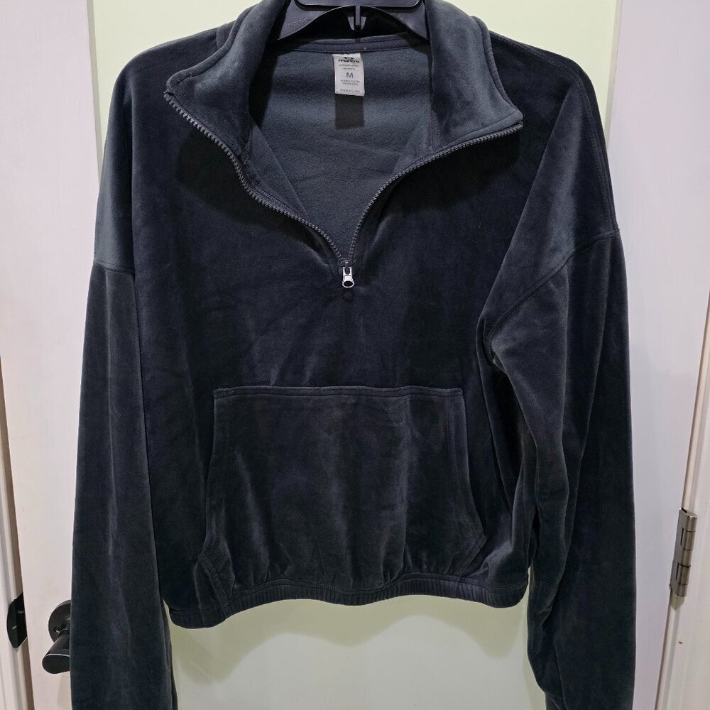 MONO6 Velour Crop Sweater Blue Half Zip‎ Soft Plush Fleece Pullover Cozy